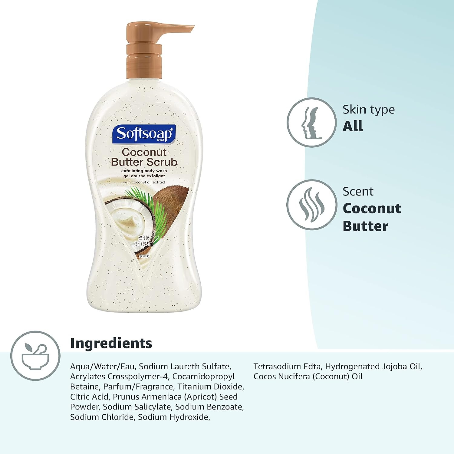 image:imageSoftsoap Body Wash Pump Coconut Butter Scrub Exfoliating Body Wash 32 Ounce Pack of 1 WHITE Package May VaryCoconut Scrub